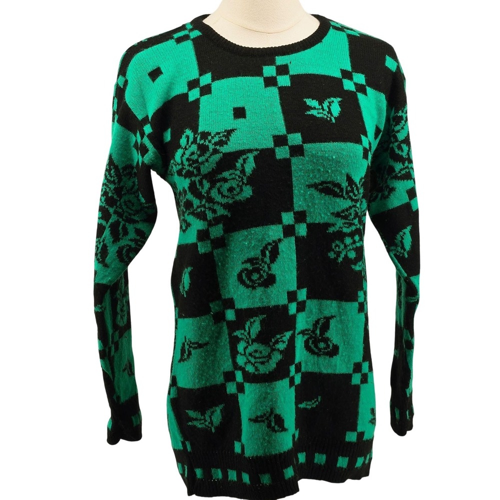 Worthington Sweater Pullover Womens XS Green Floral Crew Neck Collarless